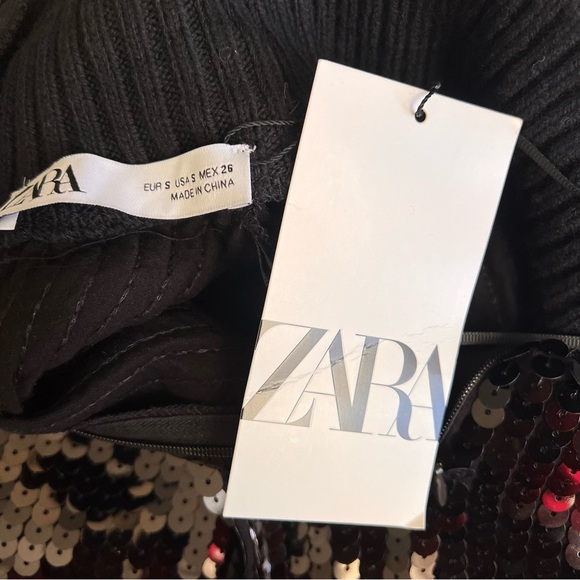 ZARA Black Sequin Knit Mock Neck Long Dress S - Picture 13 of 16